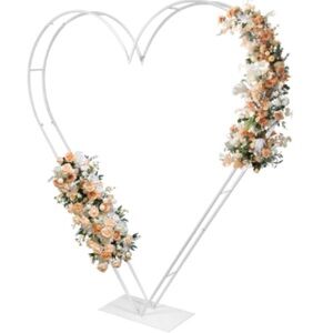 White 7ft Heart-Shaped Metal Wedding Arch with Peach Floral Accents- New